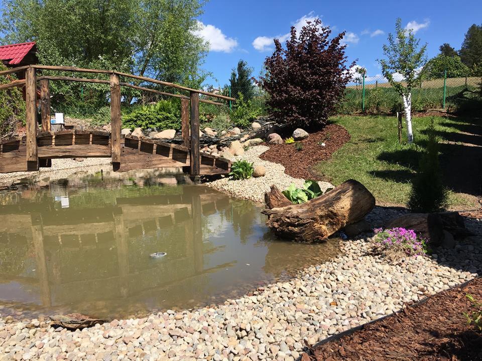 Oczko wodne z drewnianym mostkiem, otoczone kamieniami i roślinnością, z drzewem o bordowych liściach w tle, na tle zielonego trawnika i błękitnego nieba.