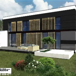 Wizualizacja nowoczesnego, dwukondygnacyjnego domu z płaskim dachem, czarną elewacją i drewnianymi żaluzjami na oknach, z narożnym tarasem i minimalistycznym ogrodem.