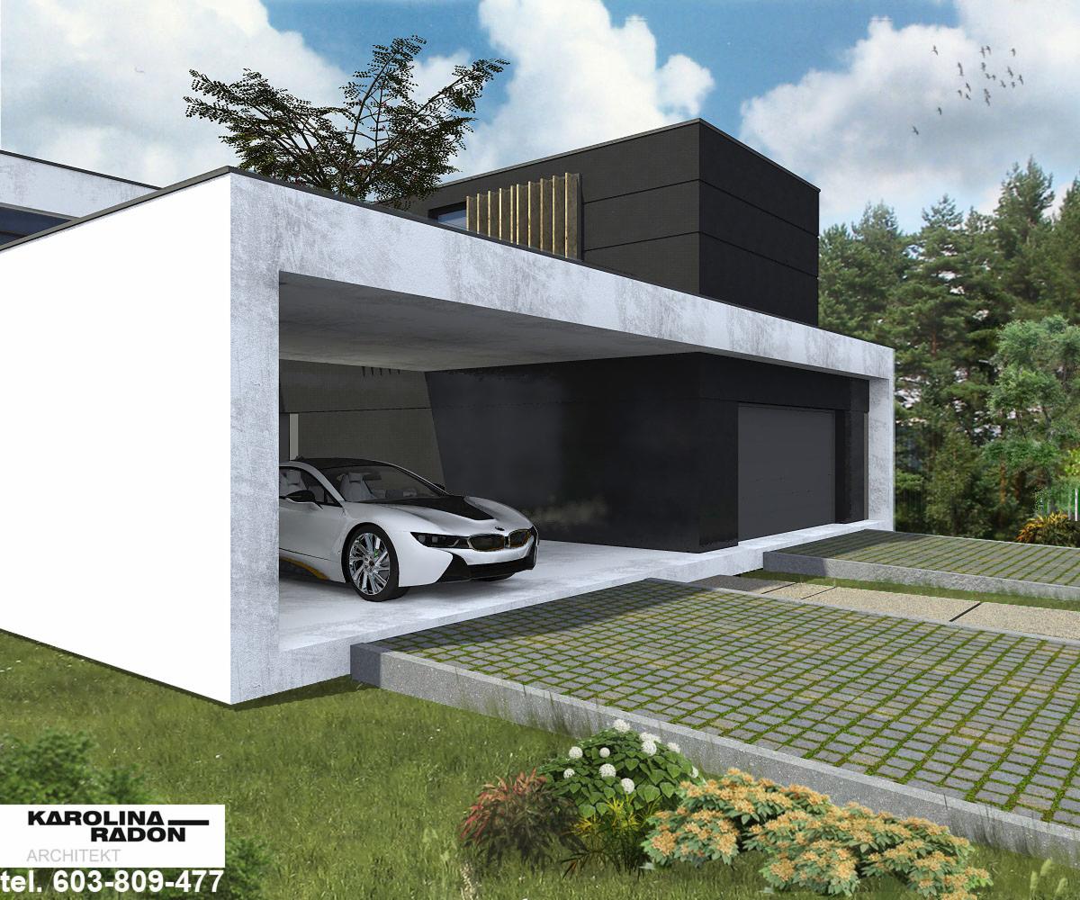 Wizualizacja nowoczesnego domu z betonową bryłą garażu, w którym stoi białe BMW i8, na podjeździe kostka ażurowa z zielenią, w tle las.