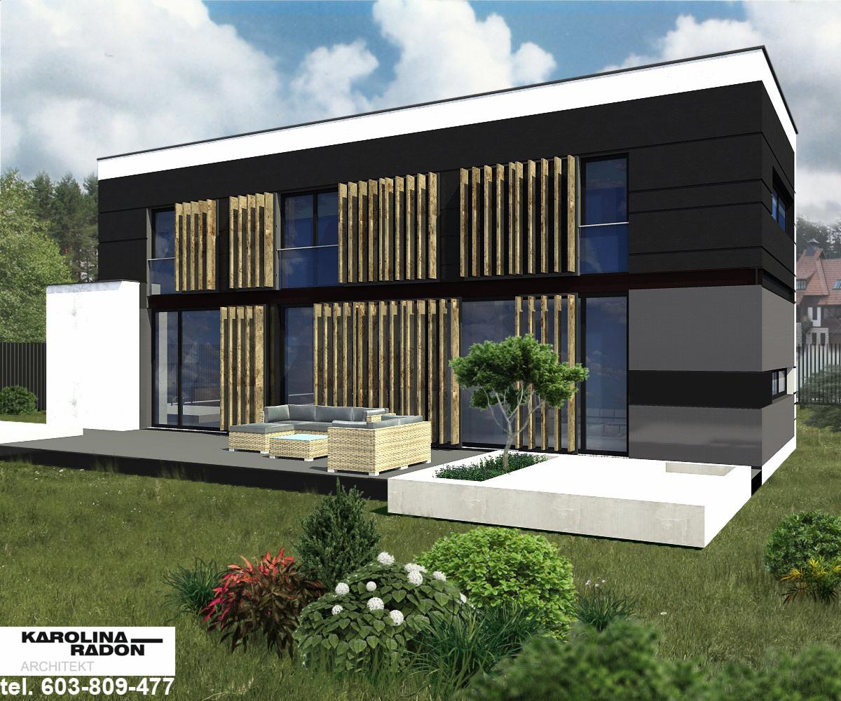 Wizualizacja nowoczesnego, dwukondygnacyjnego domu z płaskim dachem, czarną elewacją i drewnianymi żaluzjami na oknach, z narożnym tarasem i minimalistycznym ogrodem.