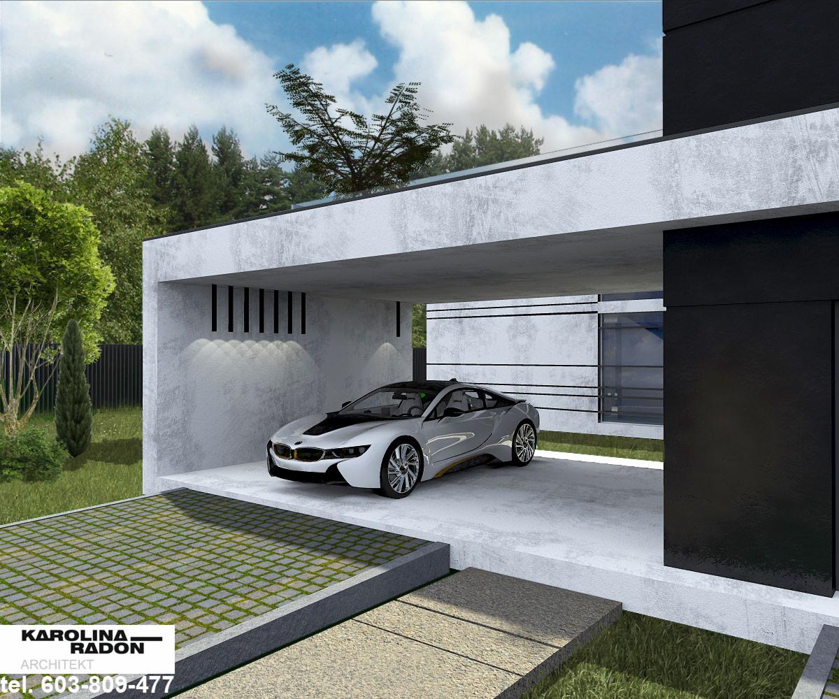 Wizualizacja nowoczesnego domu z garażem, w którym stoi srebrny samochód sportowy BMW i8, widok na elewację z elementami betonu architektonicznego i czarnymi panelami.