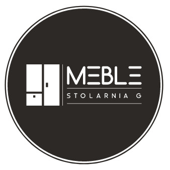 Logo firmy Meble Stolarnia G, przedstawiające minimalistyczny symbol szafy z drzwiczkami obok napisu 'MEBLE' i 'STOLARNIA G' w okręgu.