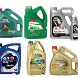 Różnorodne opakowania olejów silnikowych różnych marek, o różnych lepkościach i przeznaczeniach, ustawione obok siebie na białym tle.