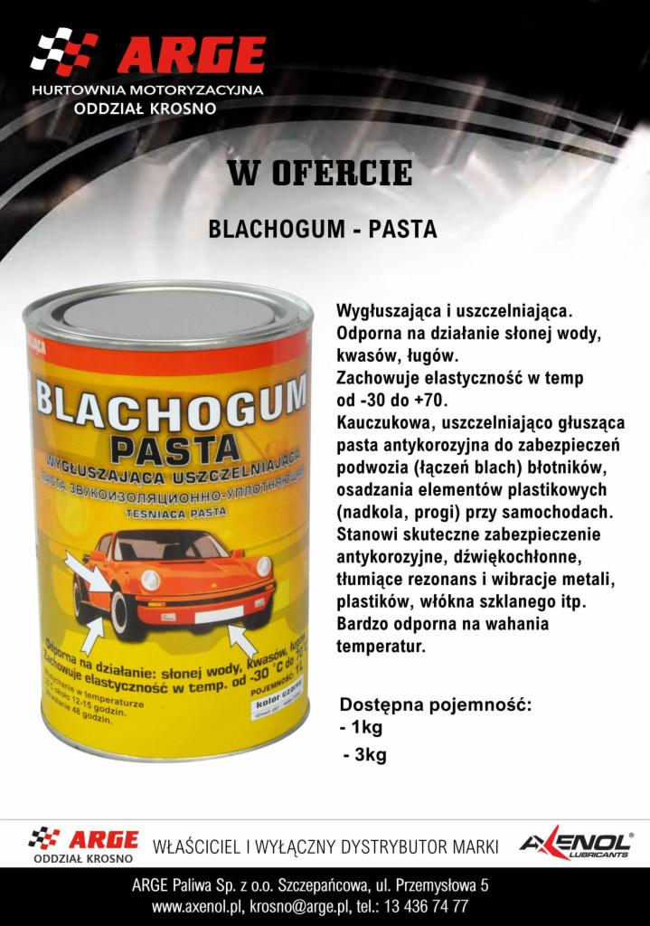 Puszka z pastą Blachogum - pasta wygłuszająca i uszczelniająca, z ilustracją czerwonego samochodu i informacjami o odporności na warunki atmosferyczne oraz zastosowaniu do zabezpieczeń podwozia.