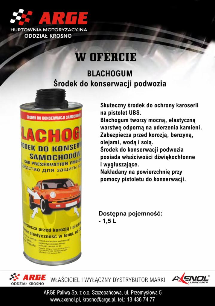 Puszka środka Blachogum do konserwacji podwozia samochodu, z informacjami o właściwościach i zastosowaniu, na białym tle.