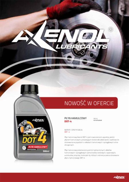 Butelka płynu hamulcowego DOT-4 marki Axenol na tle tarczy hamulcowej i dłoni w czerwonej rękawicy roboczej, promocyjna grafika reklamowa.