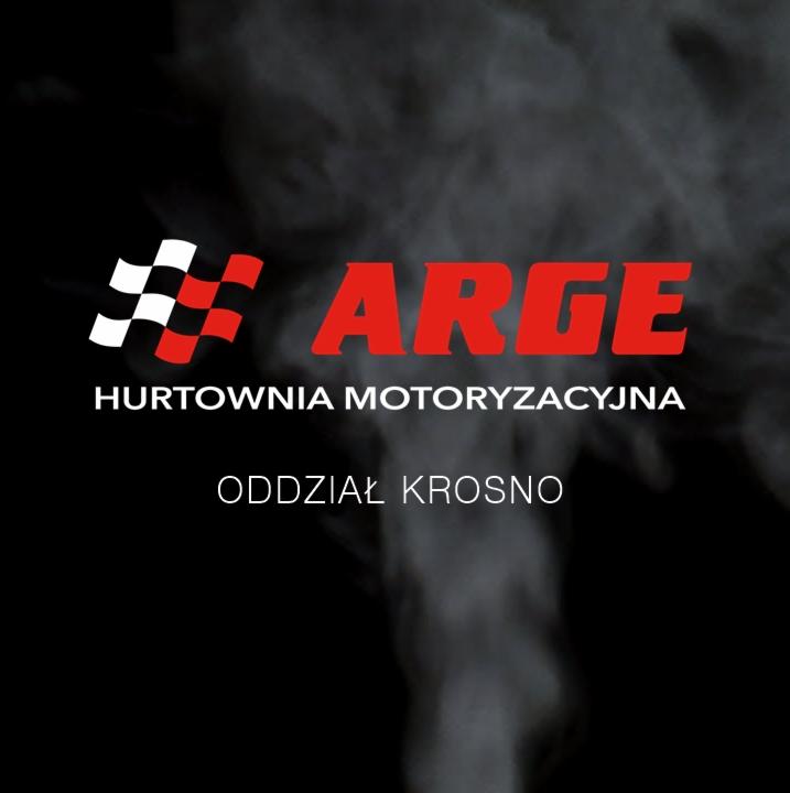 Logo hurtowni motoryzacyjnej ARGE Oddział Krosno na czarnym tle z efektem dymu.