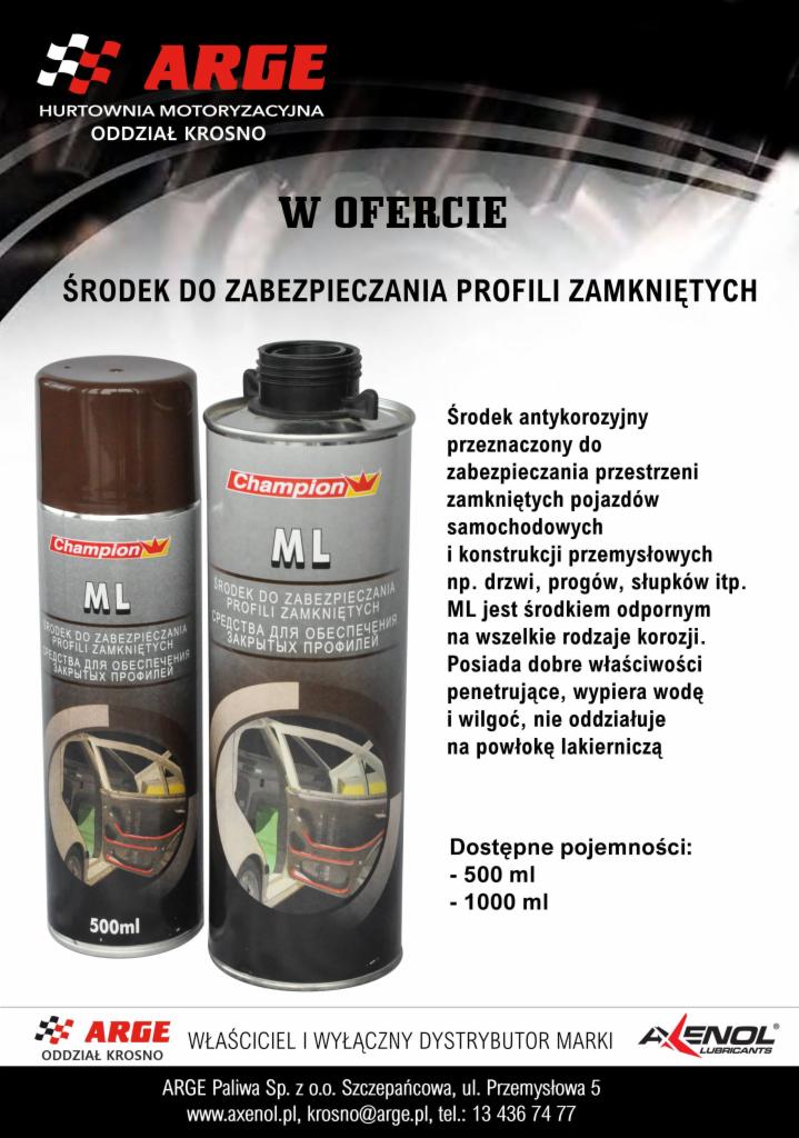 Dwa opakowania środka antykorozyjnego w sprayu marki Champion ML do zabezpieczania profili zamkniętych pojazdów i konstrukcji przemysłowych, z widoczną ilustracją zabezpieczonych drzwi samochodu.
