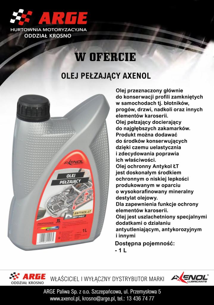 Szara plastikowa butelka z olejem pełzającym marki Axenol, z etykietą przedstawiającą schemat konserwacji karoserii samochodowej, na tle tekstu informacyjnego o produkcie.