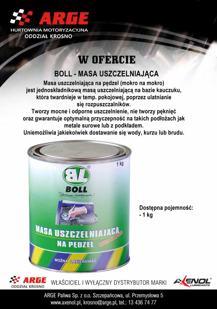 Puszka masy uszczelniającej Boll na pędzel, mokro na mokro, z informacją o właściwościach i zastosowaniu, na białym tle z logo dystrybutora Arge.