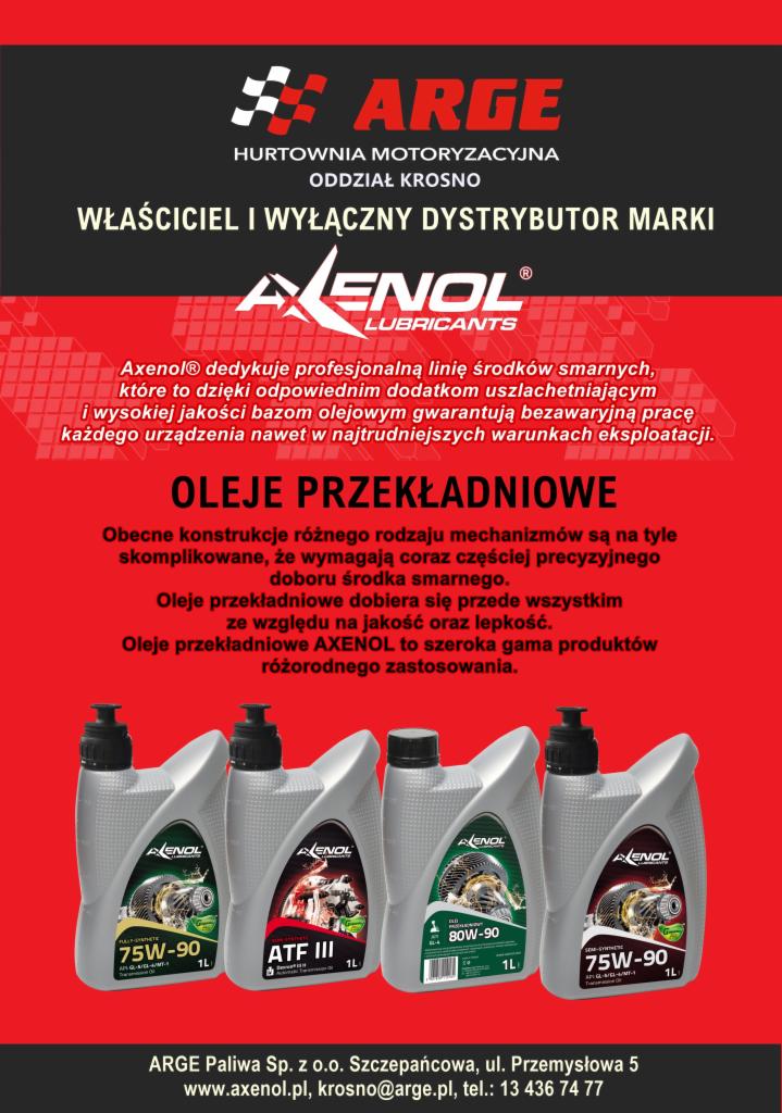 Cztery szare, litrowe butelki z etykietami marki Axenol, zawierające oleje przekładniowe o różnej specyfikacji, ustawione w rzędzie na tle czerwonego baneru reklamowego.