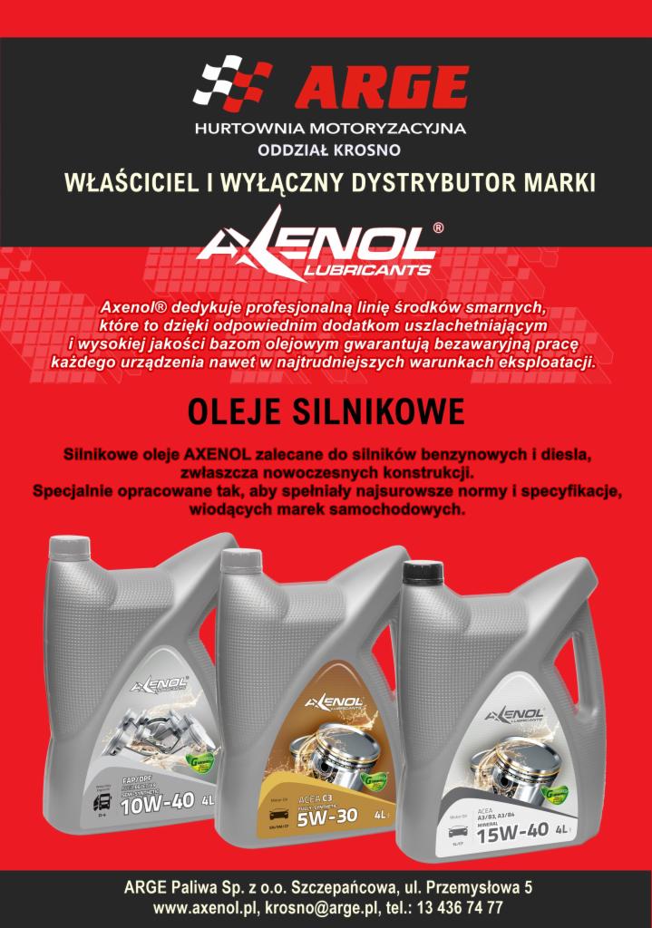 Reklama olejów silnikowych Axenol w szarych kanistrach 4L: 10W-40, 5W-30 i 15W-40, na czerwonym tle z logo Arge.