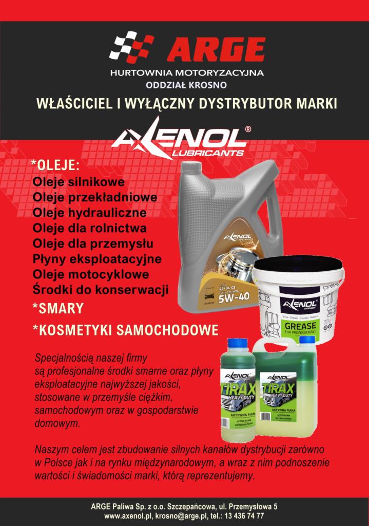 Asortyment środków smarnych i płynów eksploatacyjnych marki Axenol, w tym oleje silnikowe, przekładniowe, hydrauliczne, smary i kosmetyki samochodowe, prezentowany na tle materiałów reklamowych...