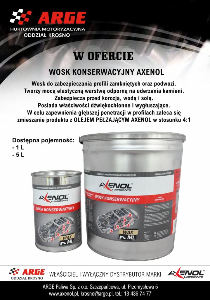 Reklama wosku konserwacyjnego Axenol w dwóch pojemnościach (1L i 5L), przeznaczonego do zabezpieczania profili zamkniętych i podwozi, z informacją o właściwościach dźwiękochłonnych i odporności...