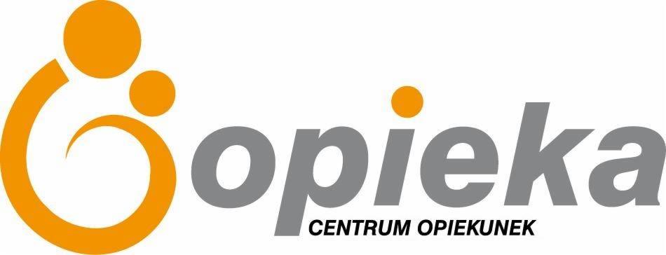 Logo firmy 'Opieka Centrum Opiekunek' przedstawiające stylizowaną rodzinę w kolorze pomarańczowym i szary napis.
