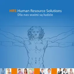 Ilustracja przedstawia logo firmy HRS Human Resource Solutions na niebieskim tle z wizerunkiem Człowieka Witruwiańskiego i zdjęciami różnych osób w dolnej części.
