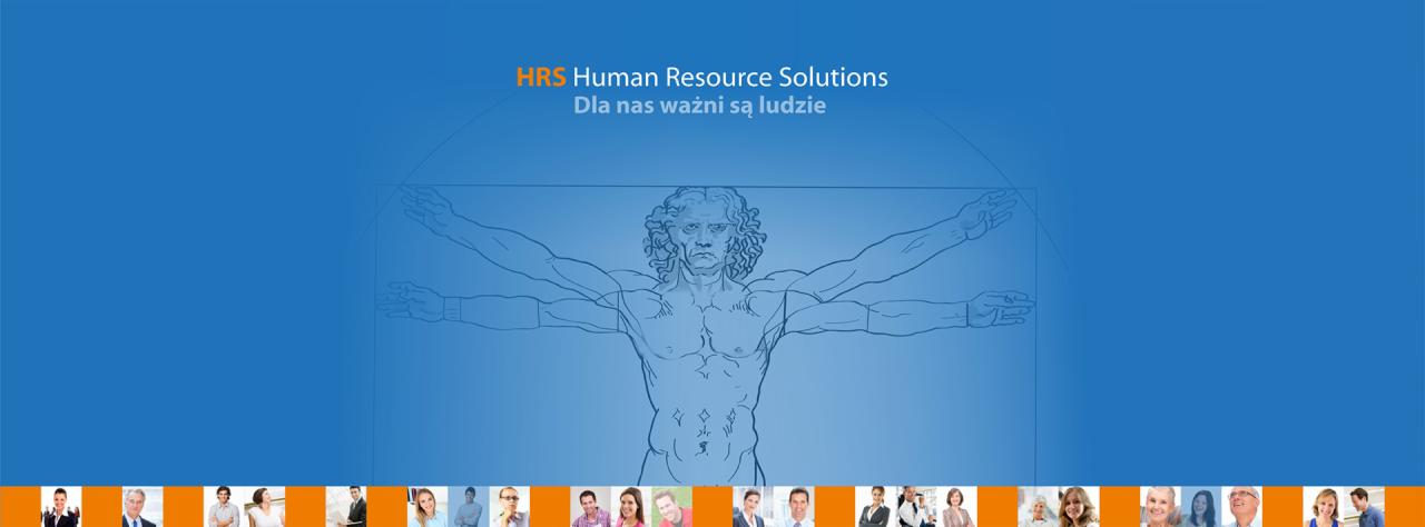 Ilustracja przedstawia logo firmy HRS Human Resource Solutions na niebieskim tle z wizerunkiem Człowieka Witruwiańskiego i zdjęciami różnych osób w dolnej części.