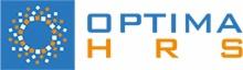 Logo firmy Optima HRS z niebieskim tłem i stylizowanym symbolem słońca z kropek.