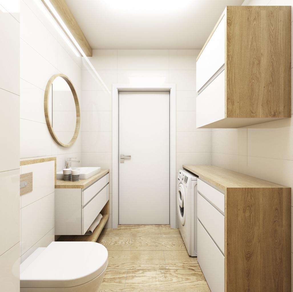 Jasna łazienka z drewnianymi akcentami: okrągłe lustro, umywalka z szafką, toaleta, pralka i szafki wiszące, wykończona płytkami i drewnianą podłogą.