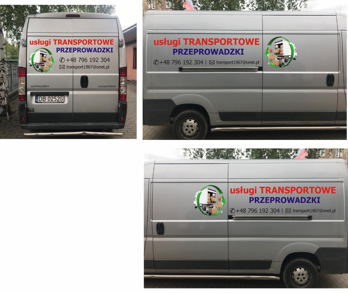 Srebrny bus z czerwonym napisem 'usługi TRANSPORTOWE PRZEPROWADZKI', numerem telefonu i adresem e-mail, widziany z tyłu i z boku.