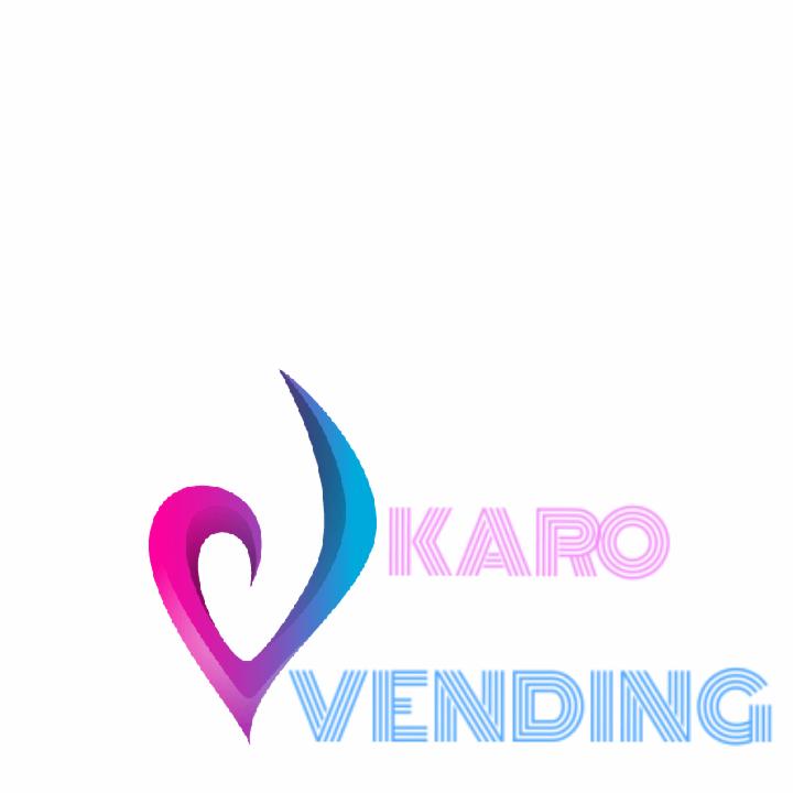 Logo firmy Karo Vending z Warszawy, przedstawiające stylizowany symbol w kształcie litery 'J' w kolorach fioletu i turkusu, obok nazwy firmy w kolorach różowym i niebieskim.
