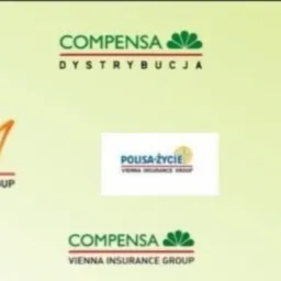 Logotypy różnych firm ubezpieczeniowych należących do Vienna Insurance Group, w tym Compensa, Wiener, Polisa-Życie, Vienna Life i InterRisk na jasnym, gradientowym tle.