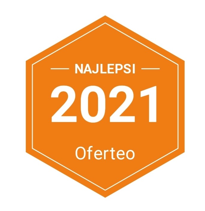 Pomarańczowa odznaka Oferteo 'Najlepsi 2021' w kształcie sześciokąta.