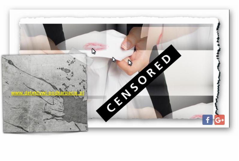 Grafika przedstawia zdjęcie koszuli z odciskiem szminki, częściowo zasłonięte paskiem z napisem CENSORED, z widocznym adresem strony internetowej i ikonami mediów społecznościowych w rogu.