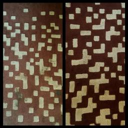 POŁYSK S.C. S.Szopny, H.Miądowicz - Dywan z geometrycznym wzorem przed i po czyszczeniu; widoczne różnice w odcieniach brązu i beżu oraz usunięte plamy.