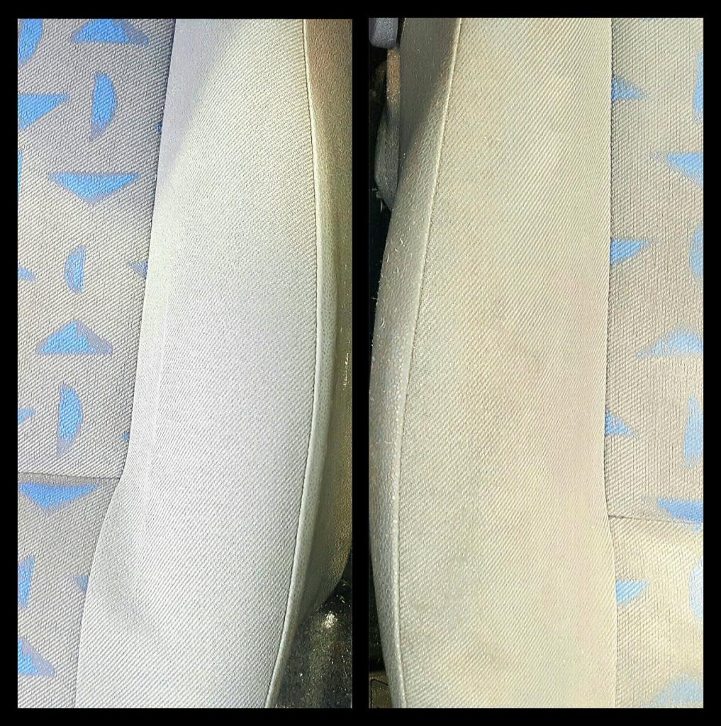 Porównanie czystości fotela samochodowego: po lewej stronie fotel po czyszczeniu, po prawej przed czyszczeniem, widoczne różnice w odcieniu i usunięte zabrudzenia.