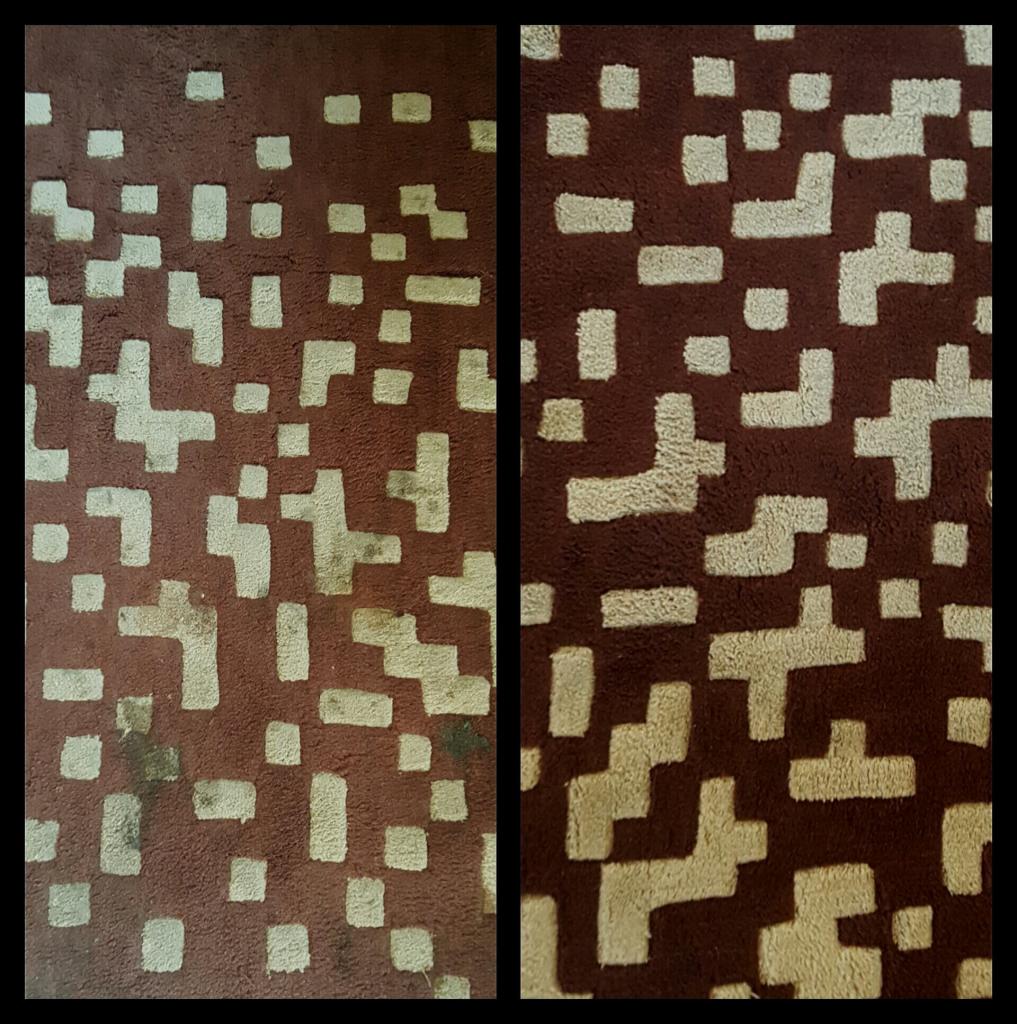 Dywan z geometrycznym wzorem przed i po czyszczeniu; widoczne różnice w odcieniach brązu i beżu oraz usunięte plamy.