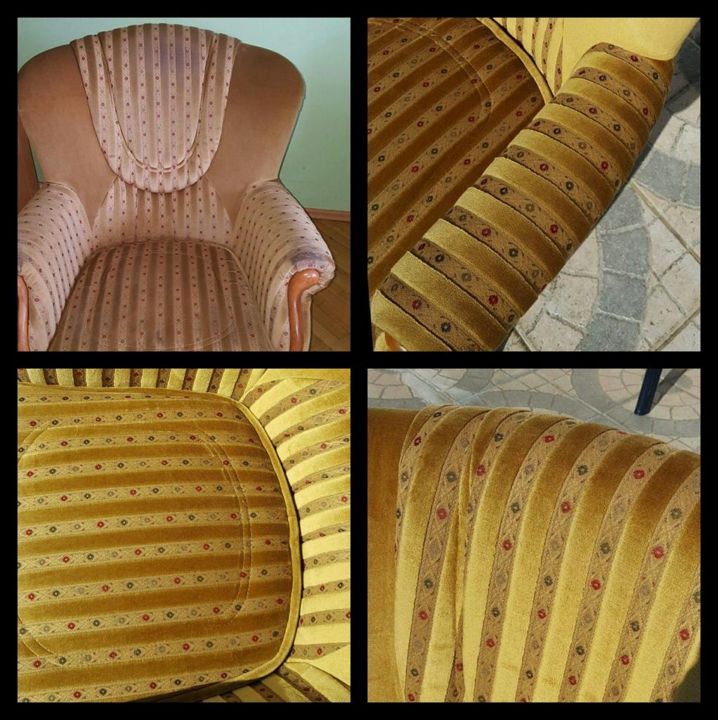 Kolaż przedstawiający detale fotela z żółto-brązową tapicerką w paski i wzory, widoczne zabrudzenia na jednym z boków.
