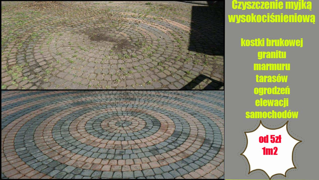 Porównanie stanu kostki brukowej przed i po czyszczeniu: górna część zarośnięta trawą i zabrudzona, dolna część czysta, z widocznym wzorem ułożenia kostki w koncentryczne okręgi z kostki w kolorze...
