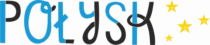 Napis 'POŁYSK' w kolorach niebieskim i czarnym, stylizowany, z dodatkiem złotych gwiazd po prawej stronie.
