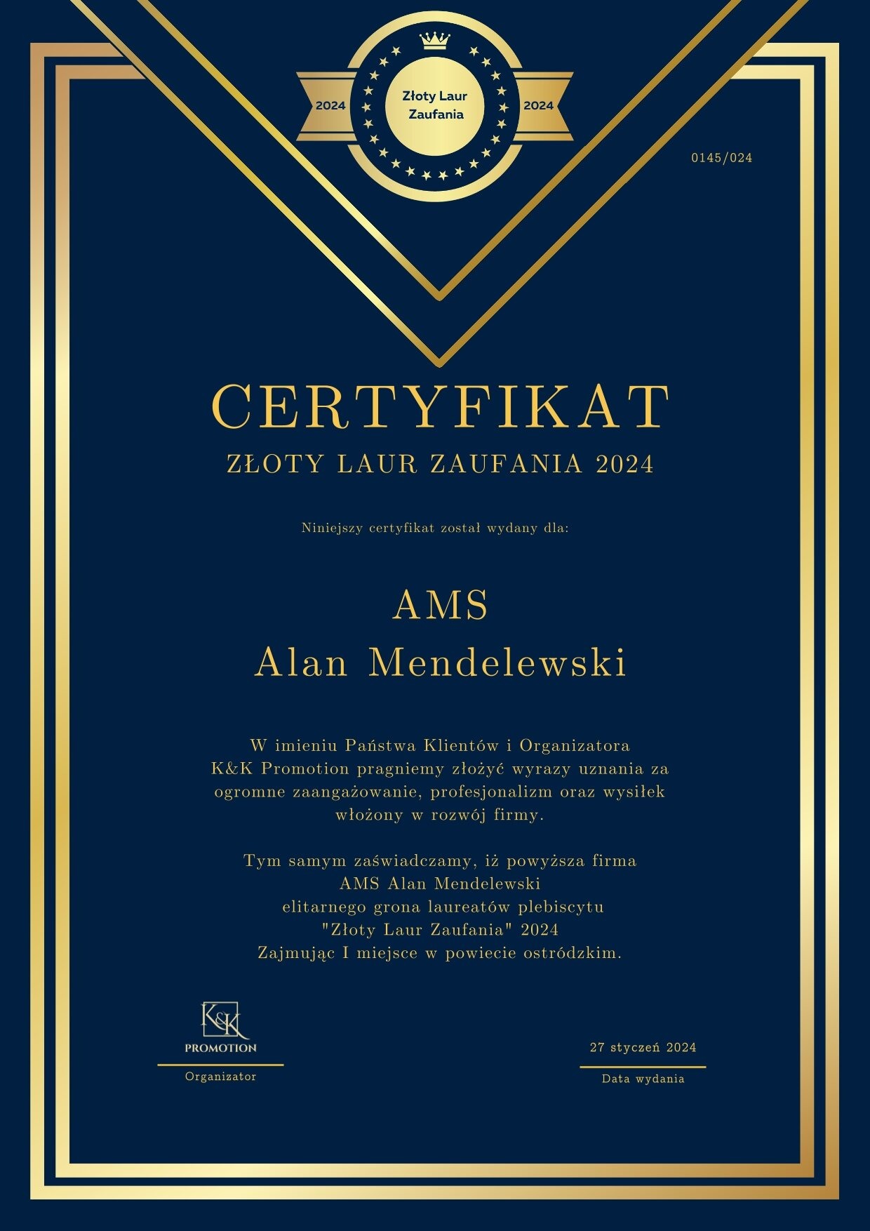Elegancki certyfikat 'Złoty Laur Zaufania 2024' dla AMS Alan Mendelewski, z logo i datą wydania, na granatowym tle z złotymi elementami graficznymi.