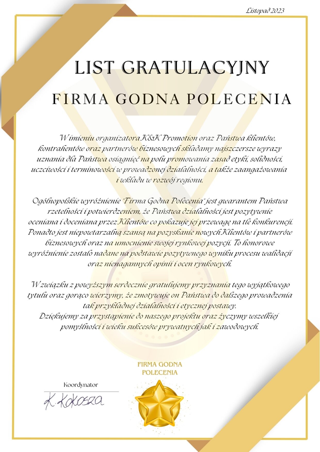 List gratulacyjny 'Firma Godna Polecenia' z podpisem koordynatora K. Kokoszy i złotą gwiazdą, listopad 2023. Dokument w eleganckiej oprawie.