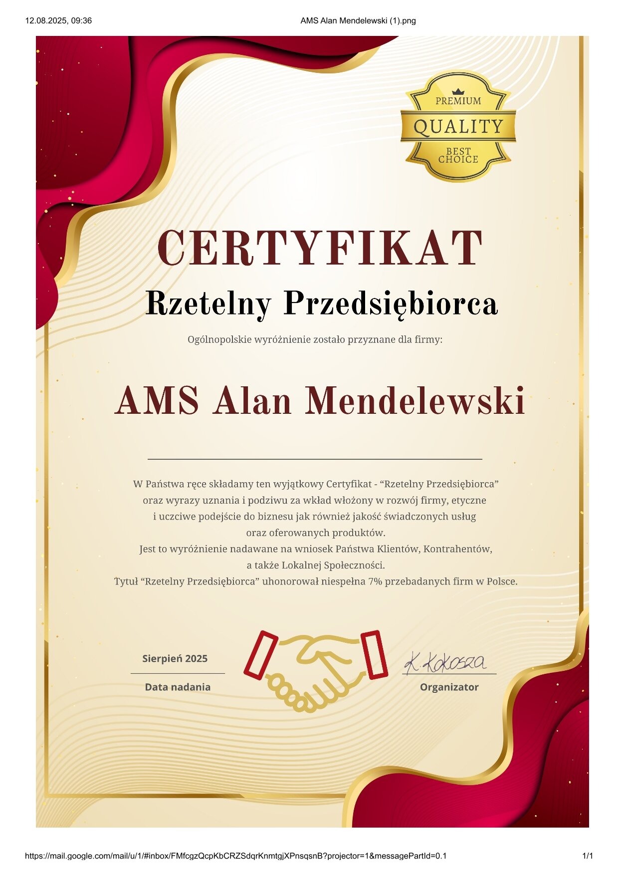 Elegancki certyfikat 'Rzetelny Przedsiębiorca' dla firmy AMS Alan Mendelewski, z datą nadania Sierpień 2025 i podpisem organizatora K. Kokosza. Premium Quality.