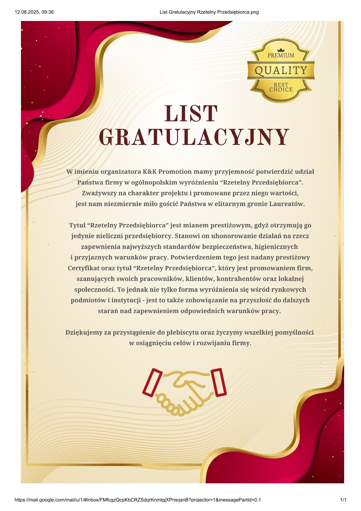 List gratulacyjny 'Rzetelny Przedsiębiorca' z logo 'Premium Quality Best Choice', z tekstem o standardach bezpieczeństwa i promowaniu firmy. Grafika w odcieniach złota i bordo.