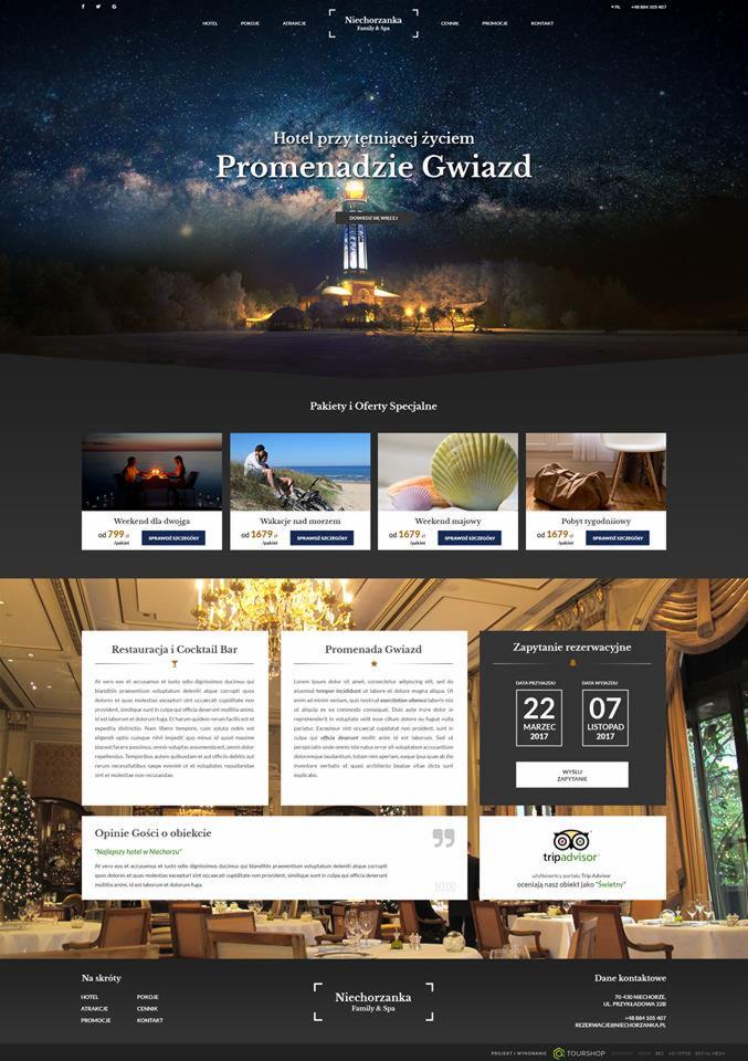 Projekt strony internetowej hotelu Niechorzanka z motywem gwiaździstego nieba i latarni morskiej, prezentujący pakiety pobytowe, restaurację i opinie gości.