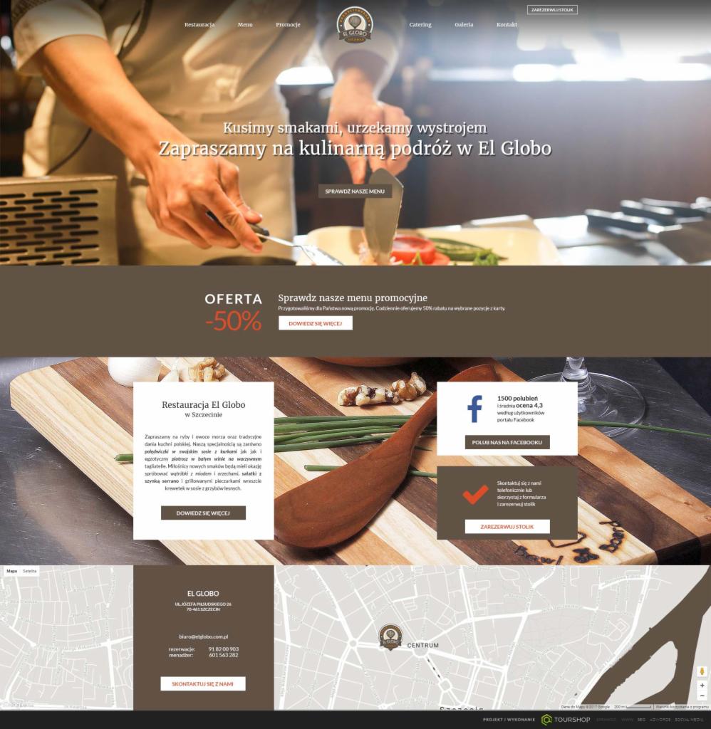 Projekt strony internetowej restauracji El Globo, prezentujący sekcję z ofertą promocyjną, daniami z menu i informacjami kontaktowymi, z widocznym nagłówkiem, nawigacją i mapą lokalizacji.