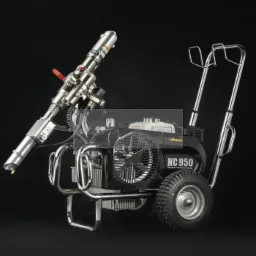 Profesjonalny agregat malarski Wagner HC 950 na wózku, z metalowym pistoletem natryskowym, widok z boku na czarnym tle.