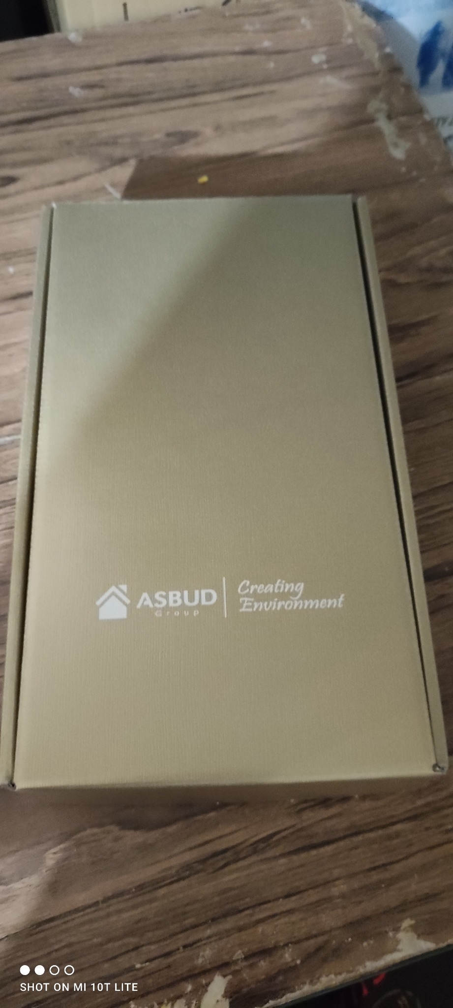 Zamknięte, beżowe pudełko z logo firmy ASBUD Group i hasłem 'Creating Environment' leżące na drewnianym stole.