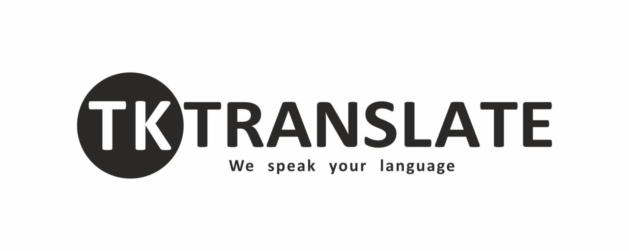 Logo firmy TK Translate z hasłem 'We speak your language' w czarno-białej kolorystyce.