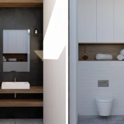 Wizualizacja nowoczesnej łazienki z umywalką na drewnianym blacie, czarną ścianą z lustrem i wiszącymi lampami oraz toaletą z zabudową i półką na ręczniki.