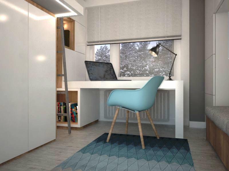Nowoczesny pokój z białym biurkiem, laptopem, turkusowym krzesłem i dywanem w odcieniach szarości i błękitu. Widok na zimowy krajobraz za oknem.