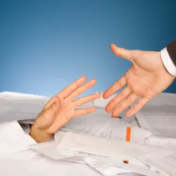 Dłoń tonąca w stercie dokumentów w Olsztynie, wyciągnięta po pomocną dłoń w brązowym garniturze.