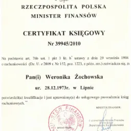 Skan Certyfikatu Księgowego wydanego przez Ministra Finansów Rzeczypospolitej Polskiej dla Weroniki Żochowskiej, potwierdzający kwalifikacje do usługowego prowadzenia ksiąg rachunkowych,...