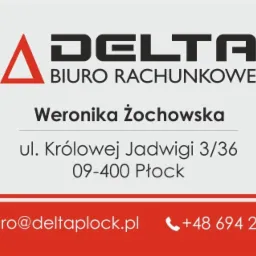 Logo firmy Delta Biuro Rachunkowe z czerwonym trójkątem, adresem w Płocku i danymi kontaktowymi: adresem email i numerem telefonu.