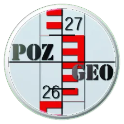 Grafika przedstawiająca celownik niwelatora z napisem POZ GEO, wskazujący na pomiary geodezyjne, na jasnym tle z zielonym obramowaniem.
