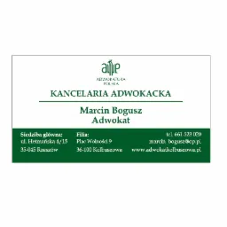 Wizytówka Kancelarii Adwokackiej Marcina Bogusza z siedzibą w Rzeszowie i filią w Kolbuszowej, z logo Adwokatury Polskiej oraz danymi kontaktowymi.